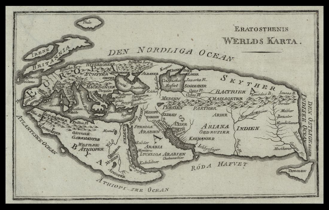 An old engraved map titled Eratosthenis Werlds Karta showing Europe, Africa and Asia as Eratosthenes imagined the known world