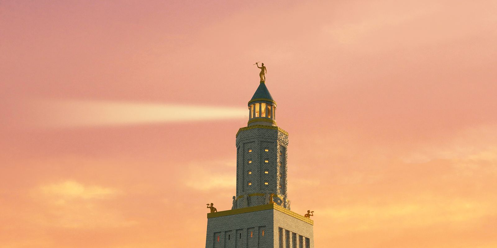 A digital reconstruction of the tall three-tiered Lighthouse of Alexandria