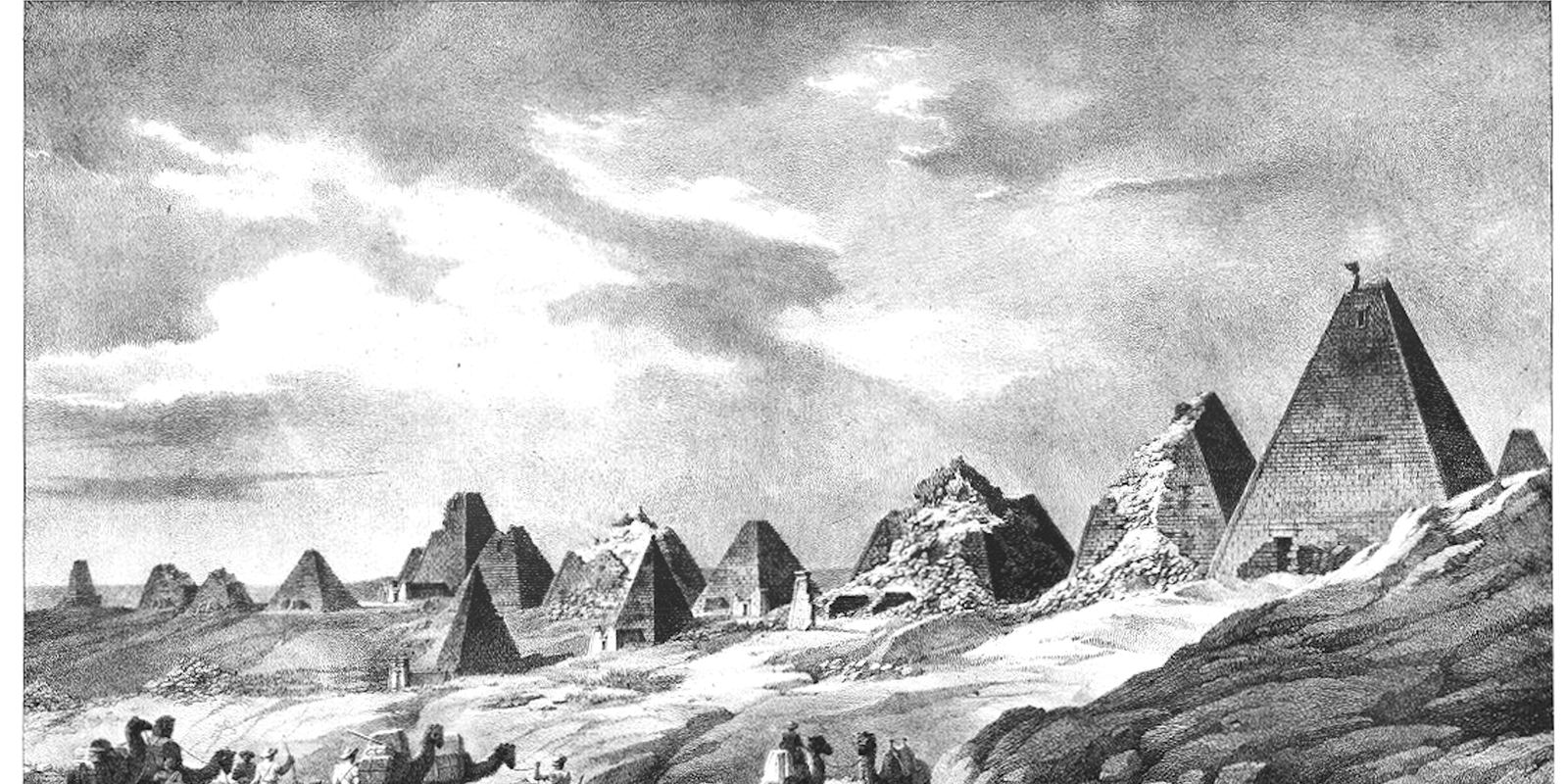A 19th-century drawing of steep pyramids in the desert at Meroe