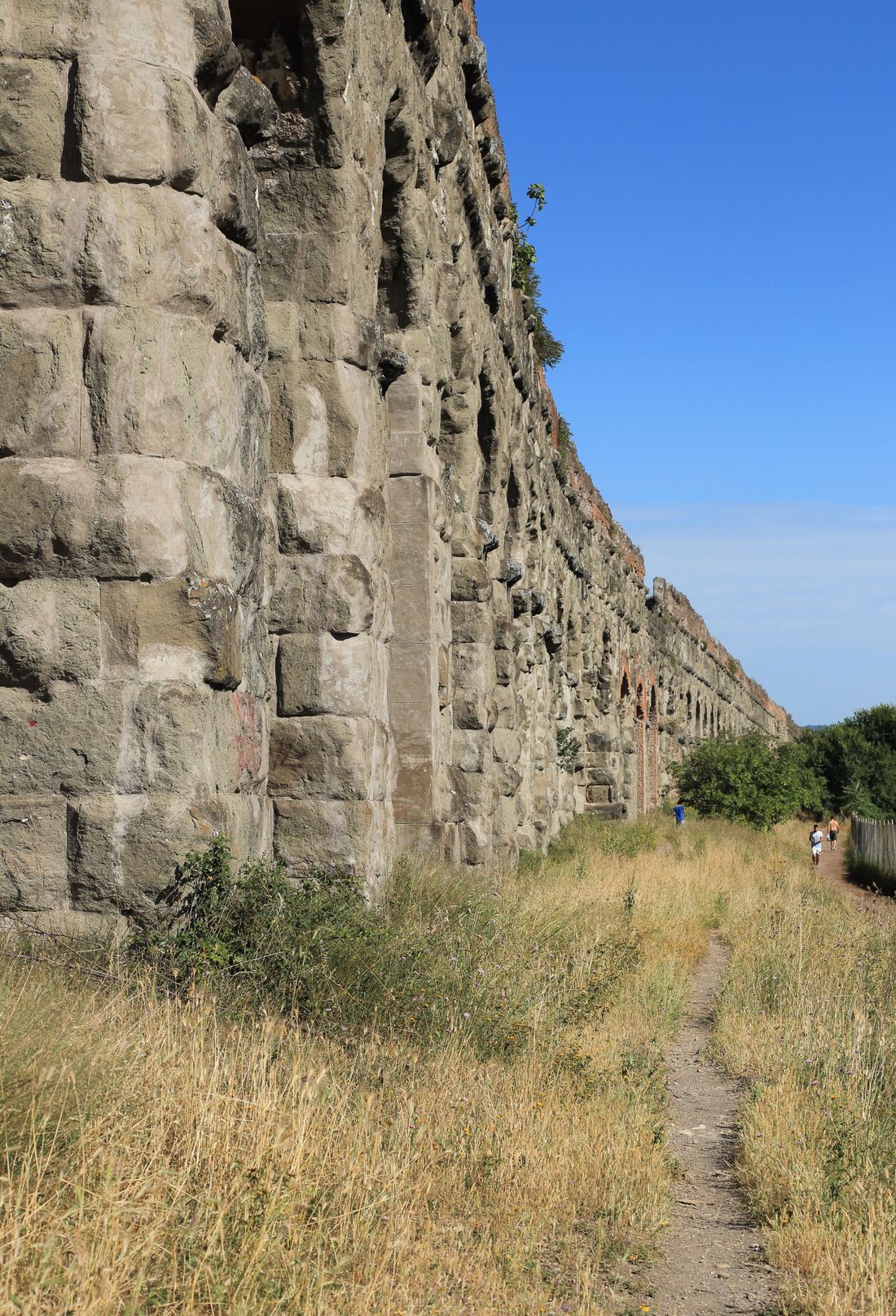 A long line of weathered stone arches of the Aqua Claudia stretching into the distance across a grassy park in Rome